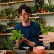 person making a kokedama