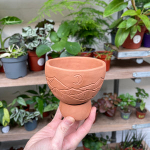 A hand holds a terracotta planter with an etched mountain and moon design, showcased against a blurred backdrop of diverse potted plants on shelves.